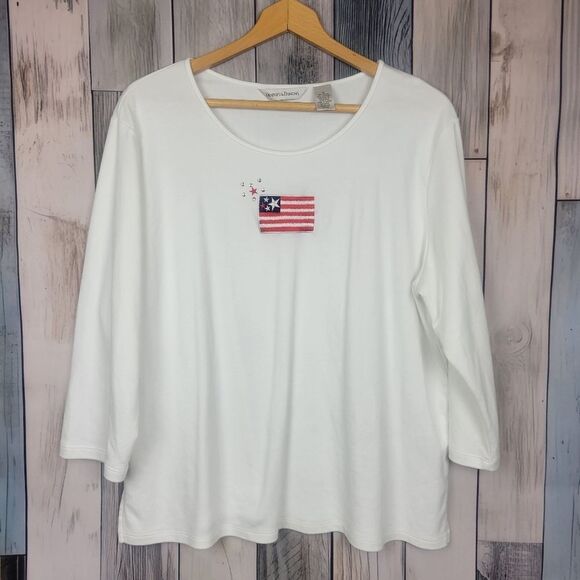 Draper's & Damon's White Top 3/4 Sleeve Size 1X American Flag Patriotic July 4th - Picture 1 of 4